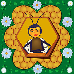 Image showing Abstract bee against honeycombs in a flower frame.