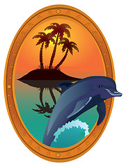 Image showing Dolphin against tropical island in a wooden frame.