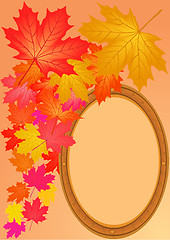 Image showing Autumn maple leaves and wooden framework, raster illustration.