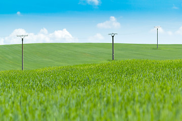 Image showing high voltage power lines in field against a blue sky 