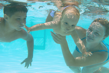 Image showing Underwater family in swimming pool. Mother teaching her kids