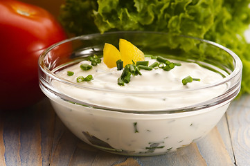 Image showing Delicious cream cheese with chives and vegetables