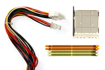 Image showing CPU socket slot DDR memory and old computer cables