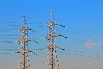 Image showing electric power transmission towers at sunrise