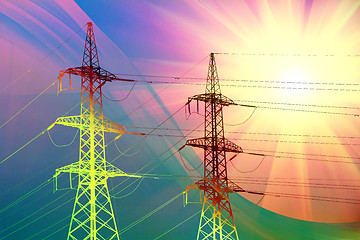 Image showing electric power transmission towers at sunset 