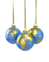 Image showing Three christmas balls shaped as globe or planet