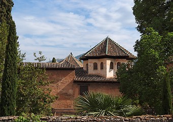 Image showing Roofs of Alhambra palace seen from Alhambra gardens