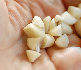 Image showing Chopped garlic on hand