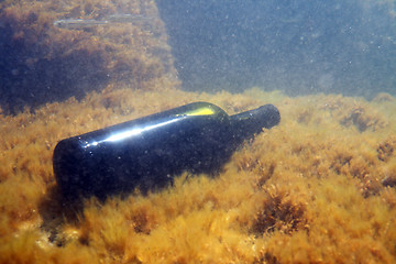 Image showing A bottle of wine under the water.