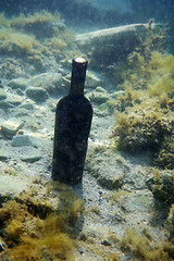 Image showing A bottle of wine under the water.