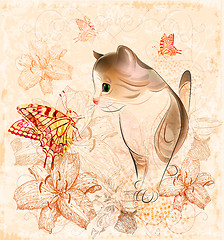 Image showing birthday card with little  kitten, flowers and butterflies