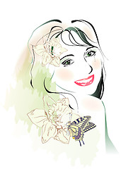 Image showing watercolor portrait of young girl with flowers and butterfly