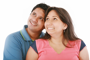 Image showing Closeup portrait of a happy couple looking at something interest