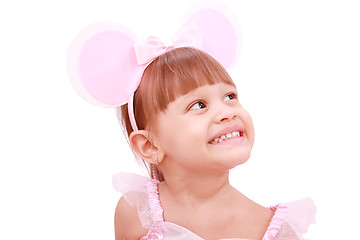 Image showing little girl wearing mouse`s ears laugh 