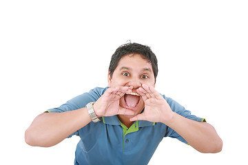 Image showing very angry casual man screaming isolated on white background 