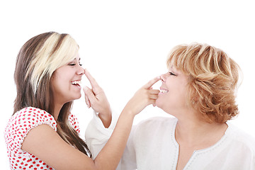 Image showing  girl and mother profiles, playful woman with nose daughter play