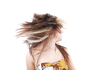 Image showing Woman with hair billowing on white background 