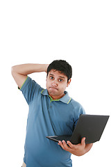 Image showing Worried young sman working on laptop 