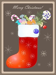 Image showing Greeting card with a Santa's boot and gifts.