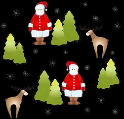 Image showing Seamless background.Illustration Santa and deer and fur-tree and snowflakes.