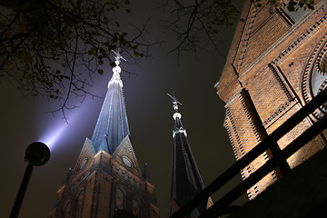 Image showing Church with twin tower by night.