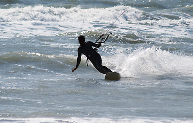 Image showing Silhouette of kite surfer