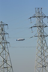 Image showing Blimp floating between two pylons and above power lines
