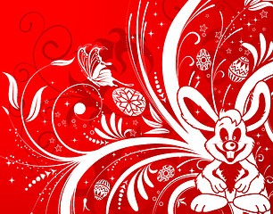 Image showing Easter background with eggs, rabbit and flower