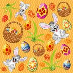 Image showing Easter pattern with eggs, rabbit and basket