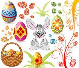 Image showing Easter set with eggs, rabbit and basket