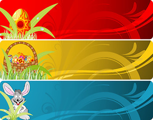 Image showing Easter banner with eggs, rabbit and basket