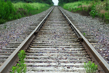 Image showing View along deserted railroad tracks