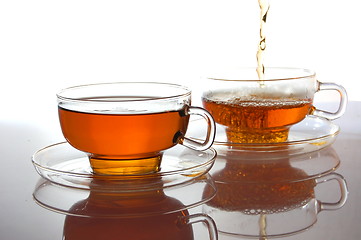 Image showing cup of tea on white with reflection