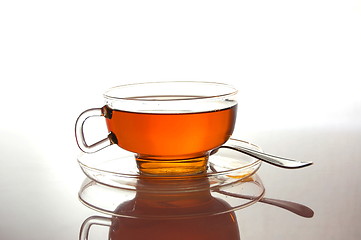 Image showing cup of tea on white with reflection