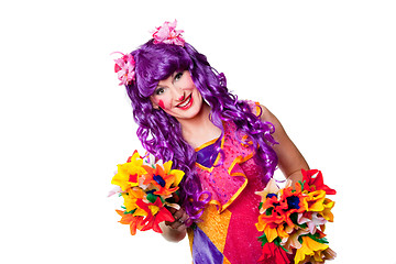 Image showing female clown with colorful flowers