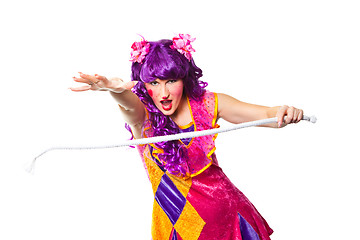 Image showing female clown making focus with rope