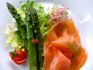 Image showing Asparagus with smoked salmon