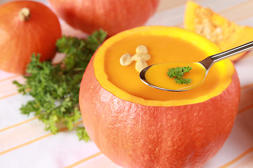 Image showing Pumpkin Soup in a pumpkin