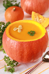 Image showing Pumpkin Soup in a pumpkin