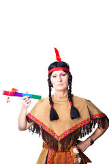 Image showing woman wearing indian costume with pipe of peace