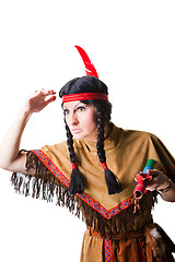 Image showing woman wearing indian costume with pipe of peace