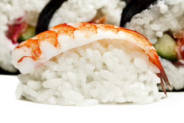 Image showing Shrimp sushi closeup on white background 