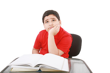 Image showing Portrait of a stressed young student with a of books to read. 