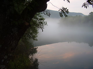 Image showing River in fog (sun reflection)