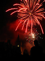 Image showing Red fireworks at the castle