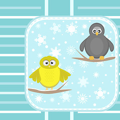 Image showing owl and a penguin on a tree under snowfall vector card