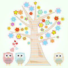 Image showing vector cute little owls in love tree and flowers