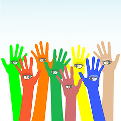 Image showing happy multicolored hands with beautiful eye vector