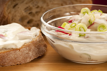 Image showing Delicious cream cheese with chives and vegetables