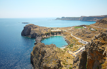 Image showing Aerial view on St. Paul's bay in Lindos (Rhodes island) 